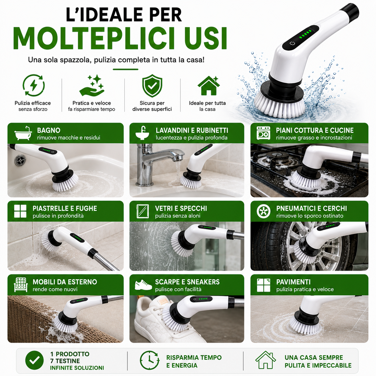 PuliFlex™ la spazzola elettrica 7 in 1 che arriva ovunque.